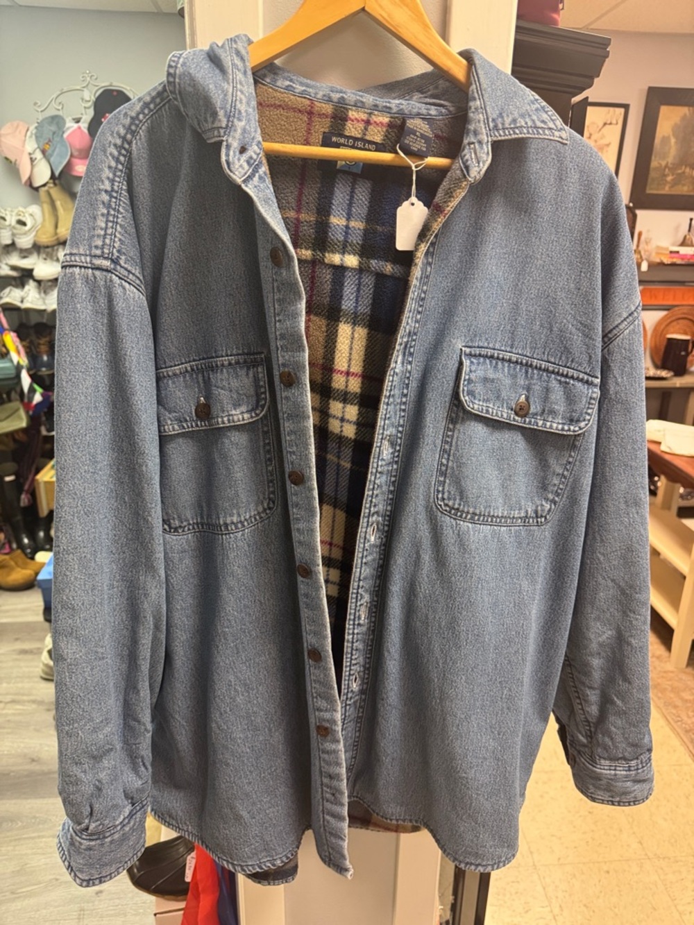 World Island Denim Jacket with Plaid Lining - Light Blue